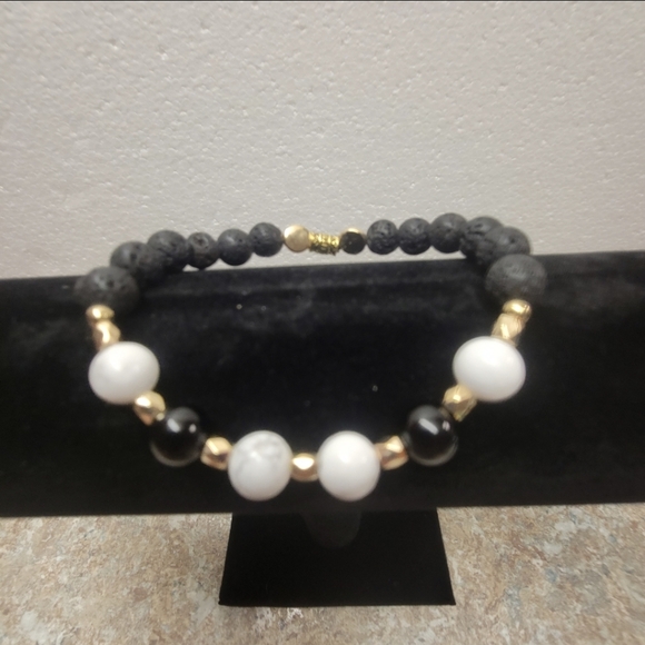 Gold, Black Lava, White Howlite, and Black Obsidian Bracelet - Picture 1 of 7